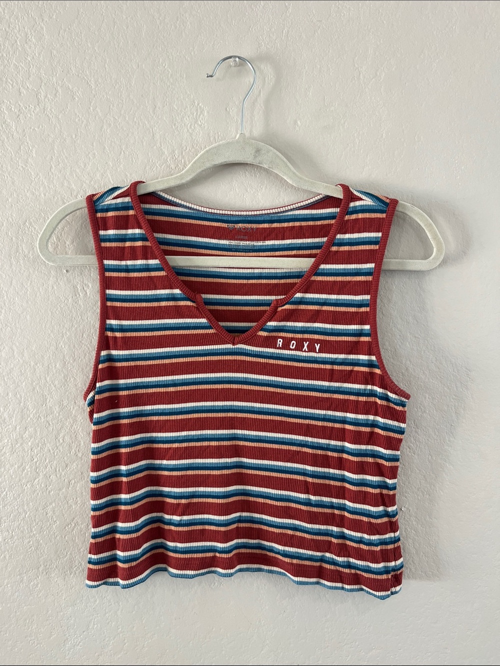 Roxy Red, White, Salmon, & Blue Striped V-Neck Ribbed Tank